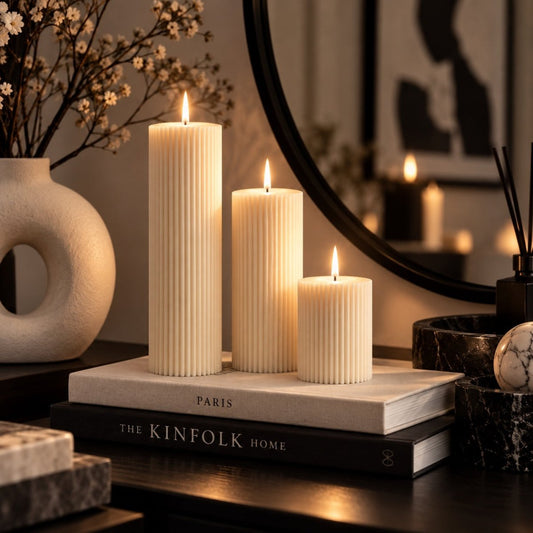 Three ribbed pillar candles in cream and ivory shades, lit and arranged on stacked books on a dark wooden table in a warmly lit interior setting.