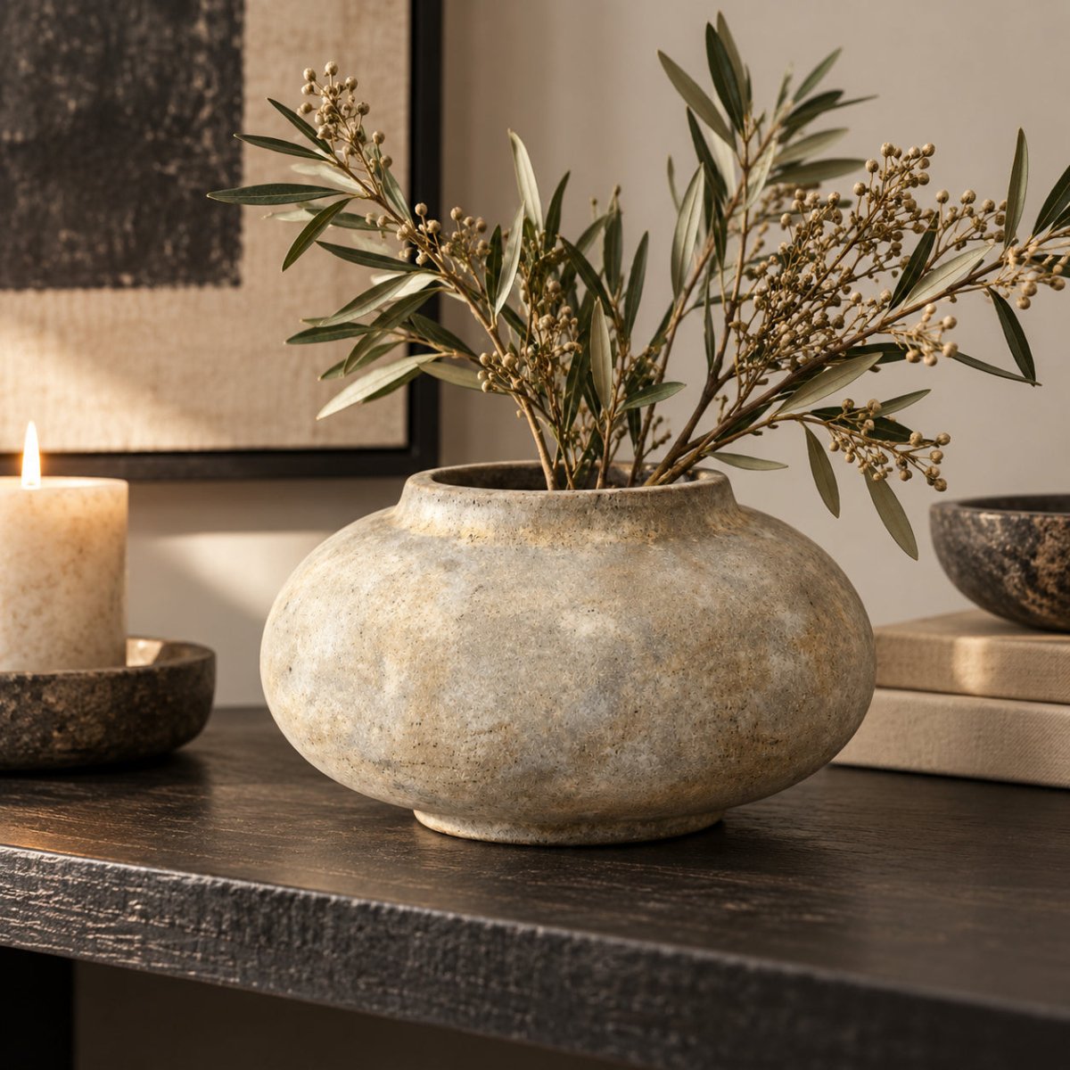 NARA rustic decorative vase with aged stone-effect finish styled in a minimalist neutral interior