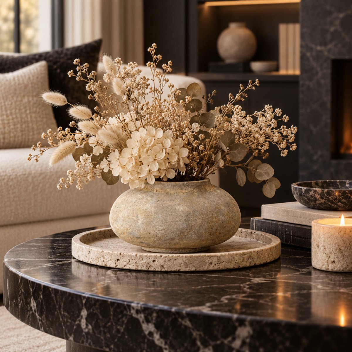 NARA wide stone vase styled as a sculptural decorative accessory in a modern neutral living space