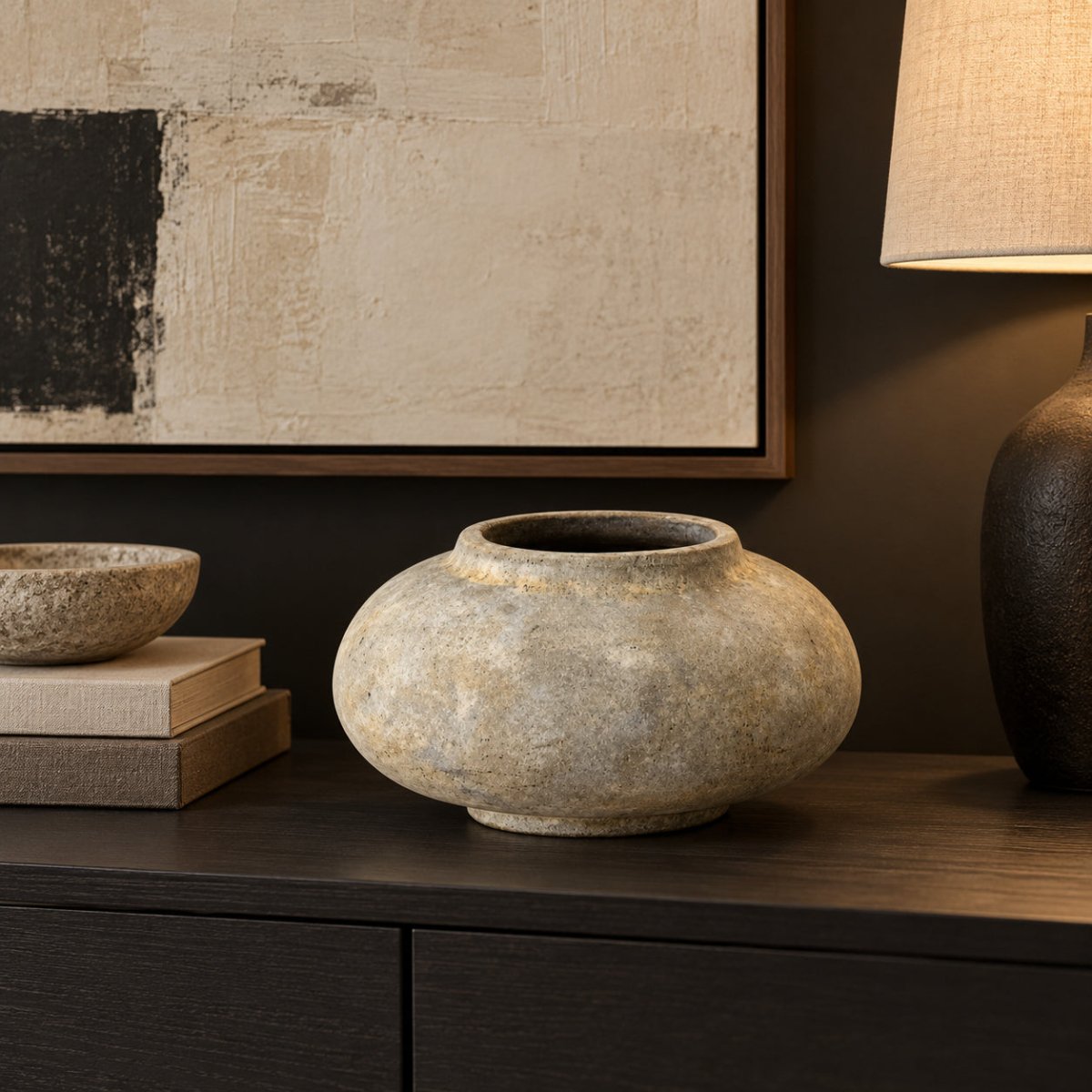 NARA rustic stone vase in a contemporary black, cream and natural stone home interior