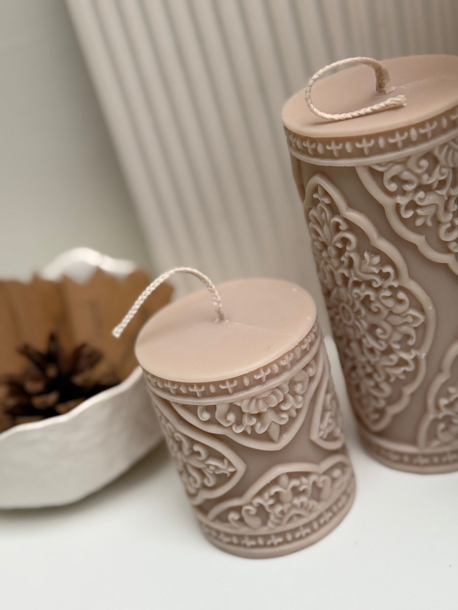 Noor Luxury Pillar Soy Sculpture Candle - Designs by Inaya Velvet Rose & Oud