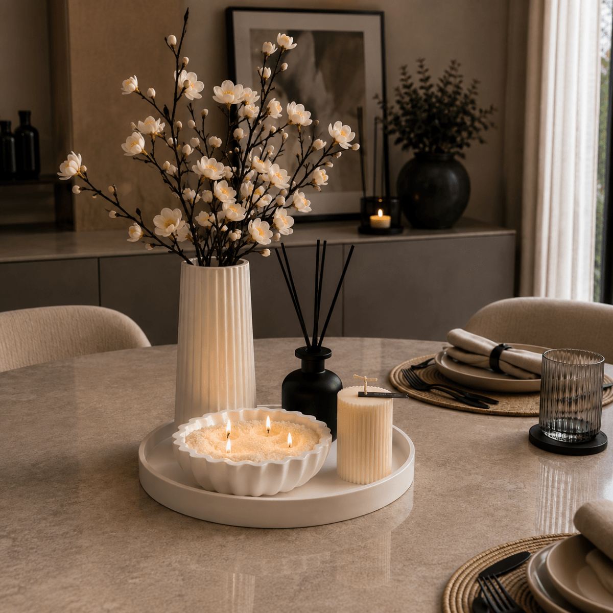 A styled dining table scene with a white ribbed ceramic candle holder and matching candle on a round tray, alongside a tall white vase with white blossoms and a black reed diffuser, in a warm neutral interior.