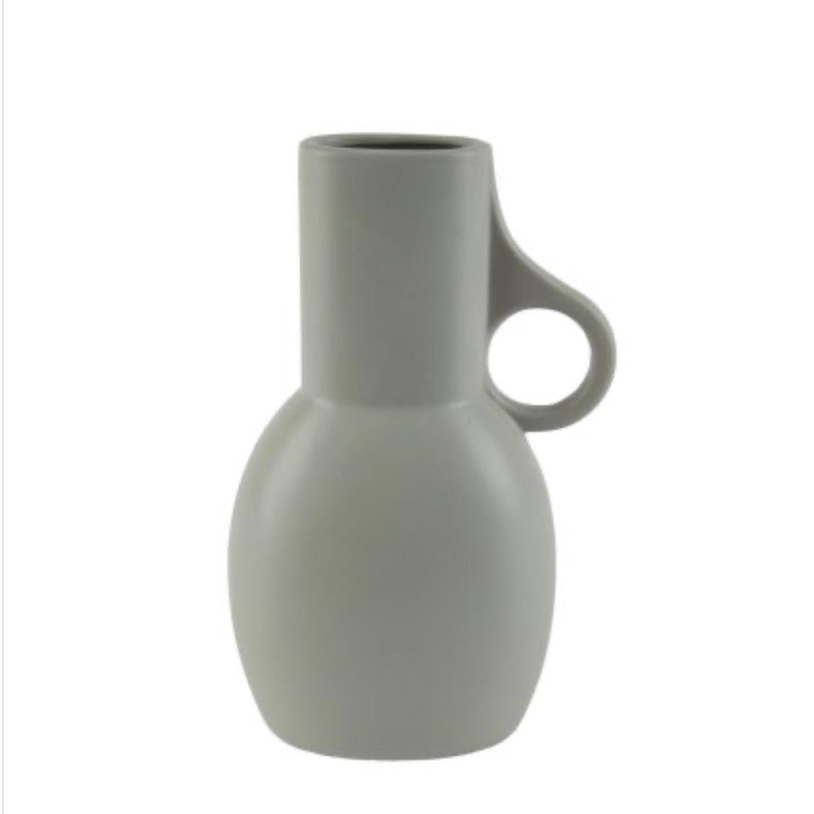A minimalist matte gray ceramic pitcher with a bulbous base, cylindrical neck, and a loop handle on the right side, shown against a plain white background.