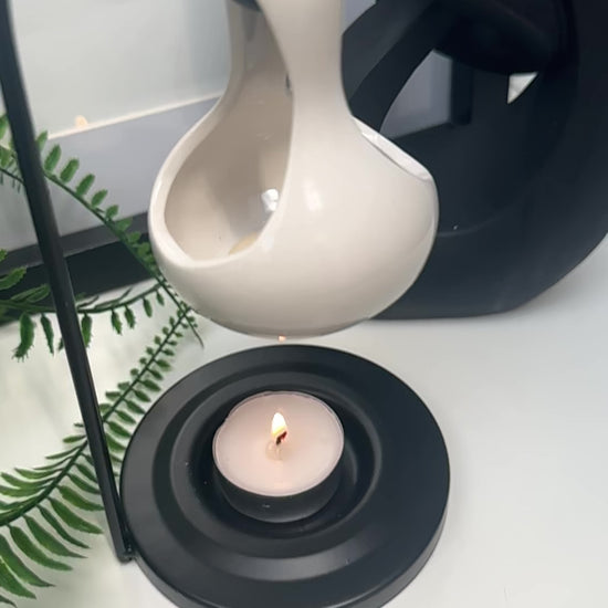 2 piece wax / oil burner white ceramic pot and sleek black metal stand