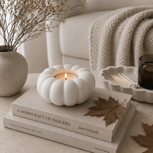 A white pumpkin-shaped candle holder with a lit tealight candle, styled on a stack of books on a light beige surface with dried leaves, a textured throw blanket, and a small vase in the background.