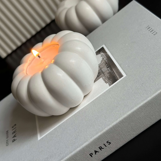 Pumpkin candle holder made from Jesmonite stone for autumn home decor