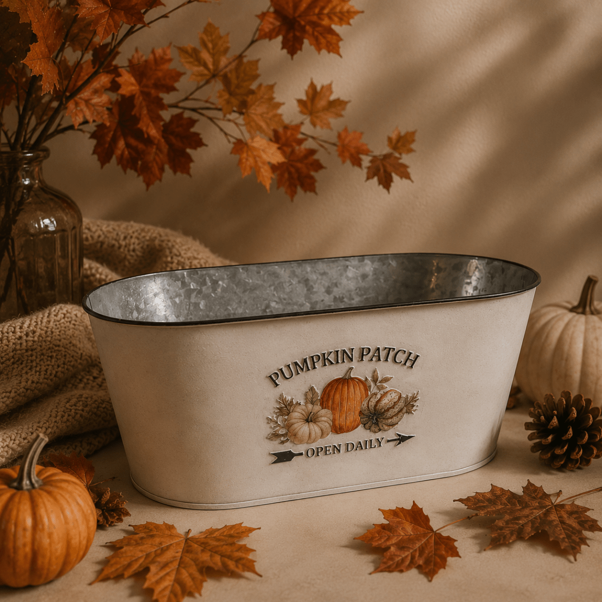 An oval Zinc metal planter with a cream-coloured exterior and a rustic 'Pumpkin Patch Open Daily' graphic, styled with autumn leaves, pinecones, burlap, and small pumpkins.