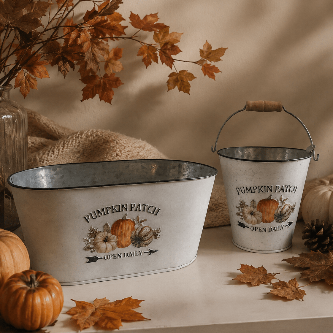 Two decorative Zinc metal planters with autumn-themed graphics and the text 'PUMPKIN PATCH OPEN DAILY' are styled on a tabletop with pumpkins, autumn leaves, burlap, and dried leaves against a warm beige wall.