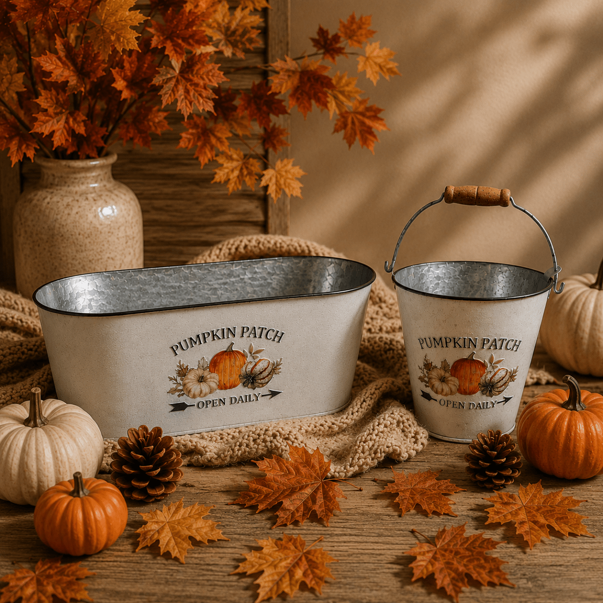 Two decorative Zinc metal autumn-themed Planters and a matching Oval planter with 'Pumpkin Patch Open Daily' text and pumpkin illustrations, styled on a rustic wooden surface with pumpkins, pinecones, maple leaves, and a vase of autumn branches.