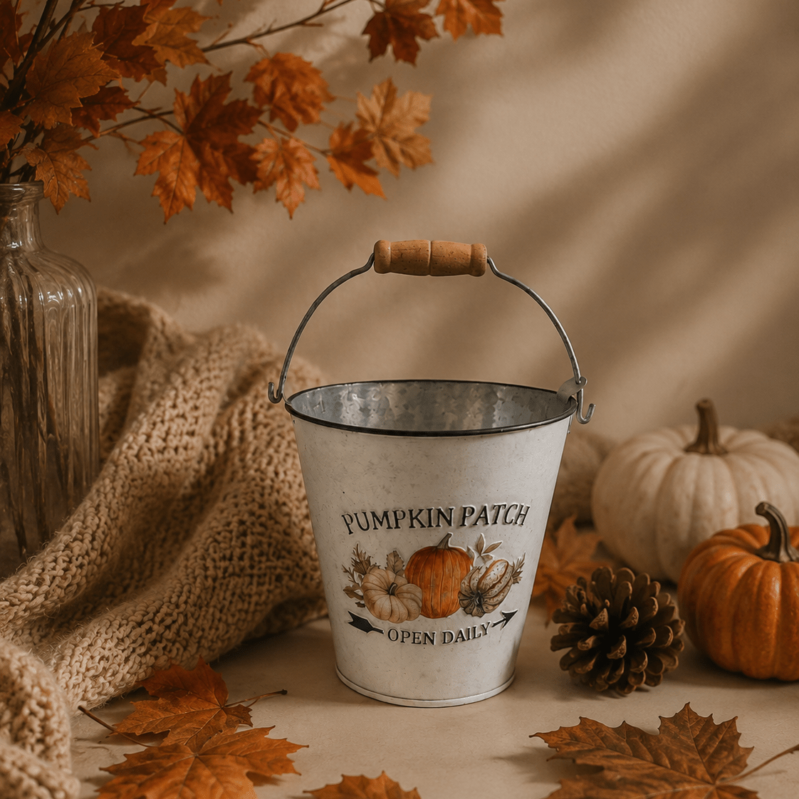 A white Zinc metal bucket planter with a wooden handle and 'PUMPKIN PATCH' printed on the front, styled with autumn leaves, pinecones, pumpkins, and a knitted blanket.