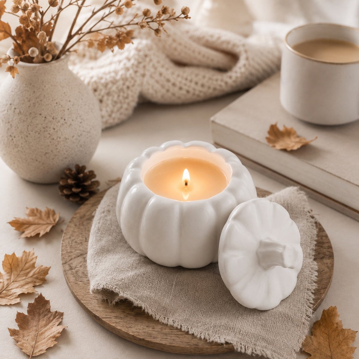 A white pumpkin-shaped candle with its lid placed beside it, holding a lit candle. The scene is styled with dried leaves, a knitted scarf, a ceramic vase with stems, a book, and a cup of coffee on a neutral tabletop. Autumn home styling.