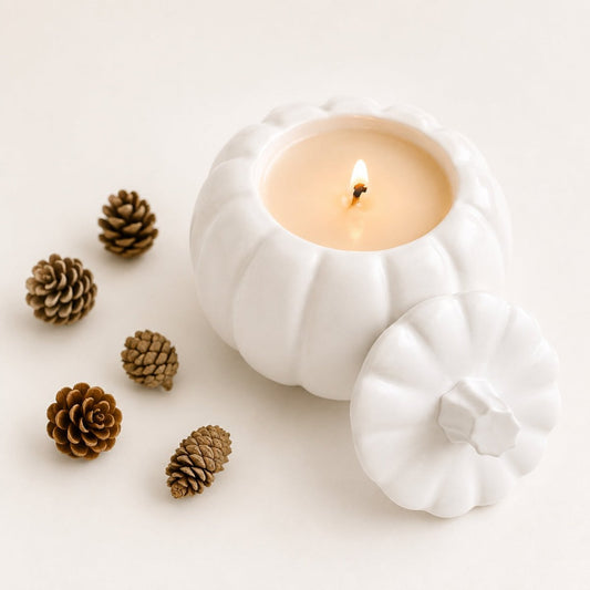 A white stone pumpkin-shaped lit candle with a lid, shown with several small pinecones on a warm off-white background. Autumn home accessories 
