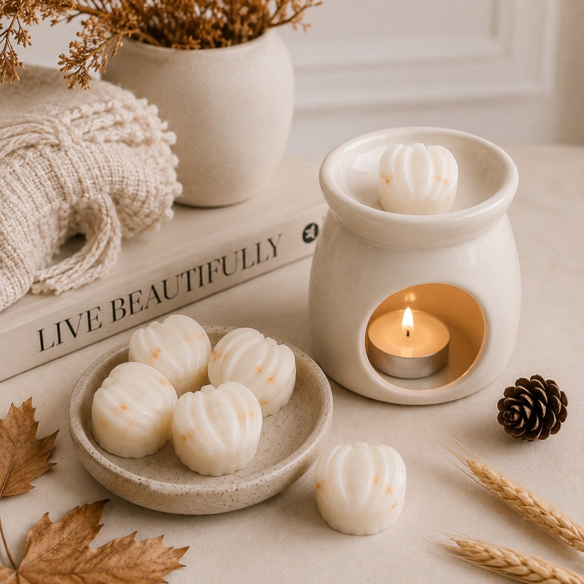 Cream hand-poured soy wax melts with tiny orange speckles arranged on a ceramic dish and beside a white wax warmer holding a lit tealight candle, styled with dried leaves, wheat stalks, a book, and a knit textile. Autumn home fragrance 