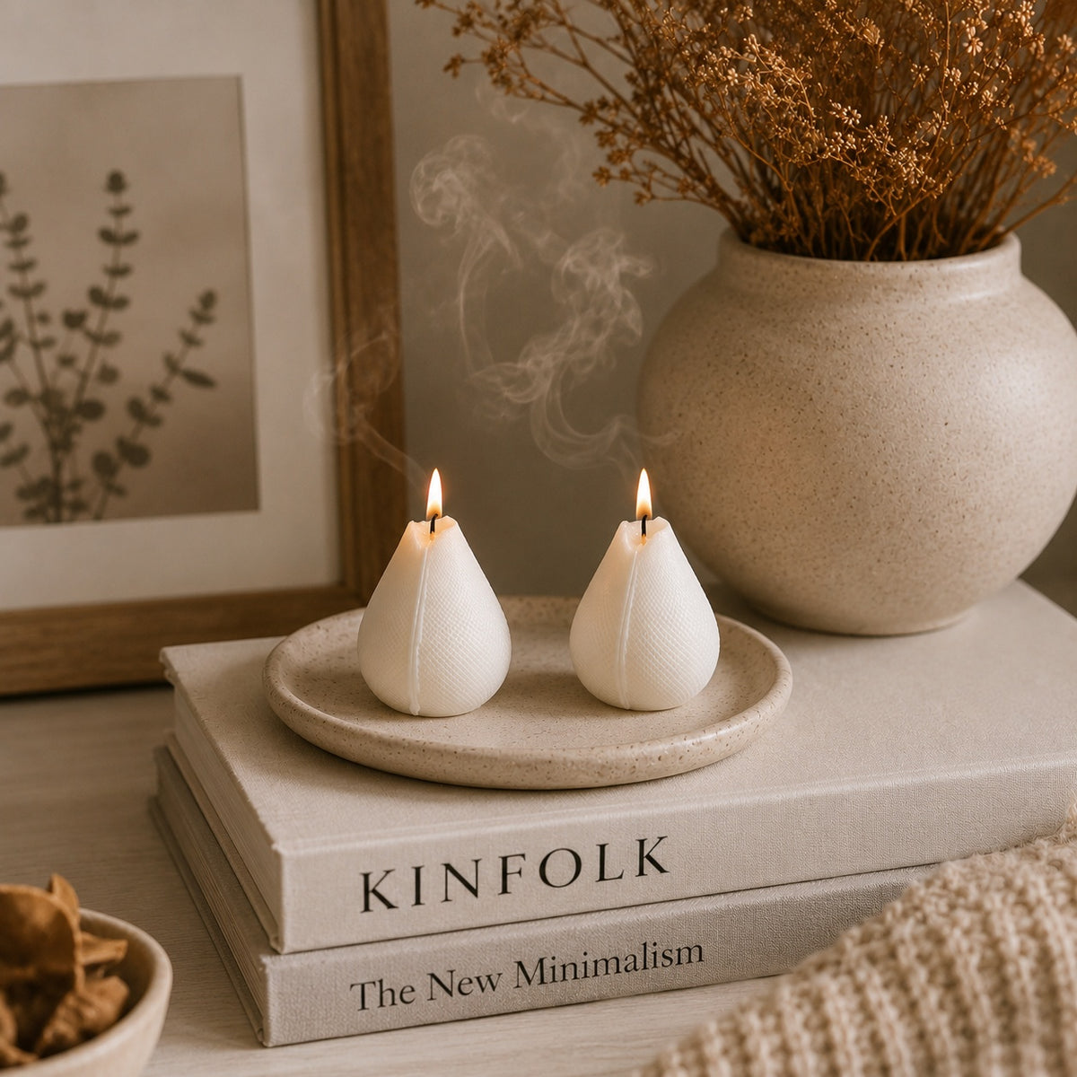 Two white teardrop-shaped soy wax candles with textured surfaces and visible flames, resting on a small round tray atop stacked books. A beige ceramic vase with dried flowers and a framed botanical print appear in the softly lit background.