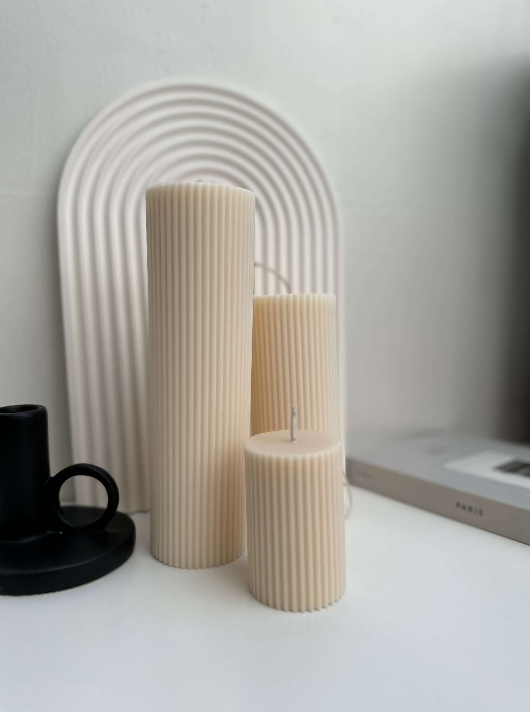 Small, Medium and large ribbed Pillar candle set natural cream colour