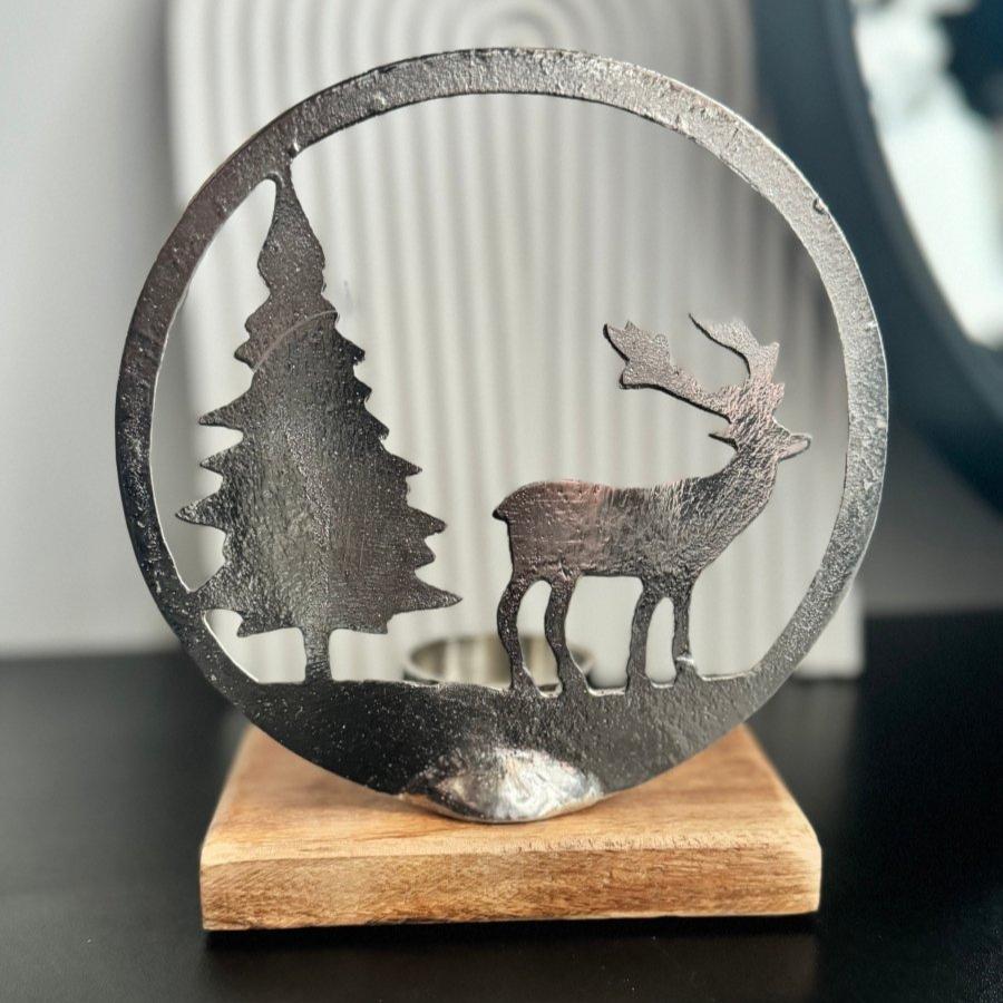 Silver Reindeer Scene Tealight Holder - Designs by Inaya