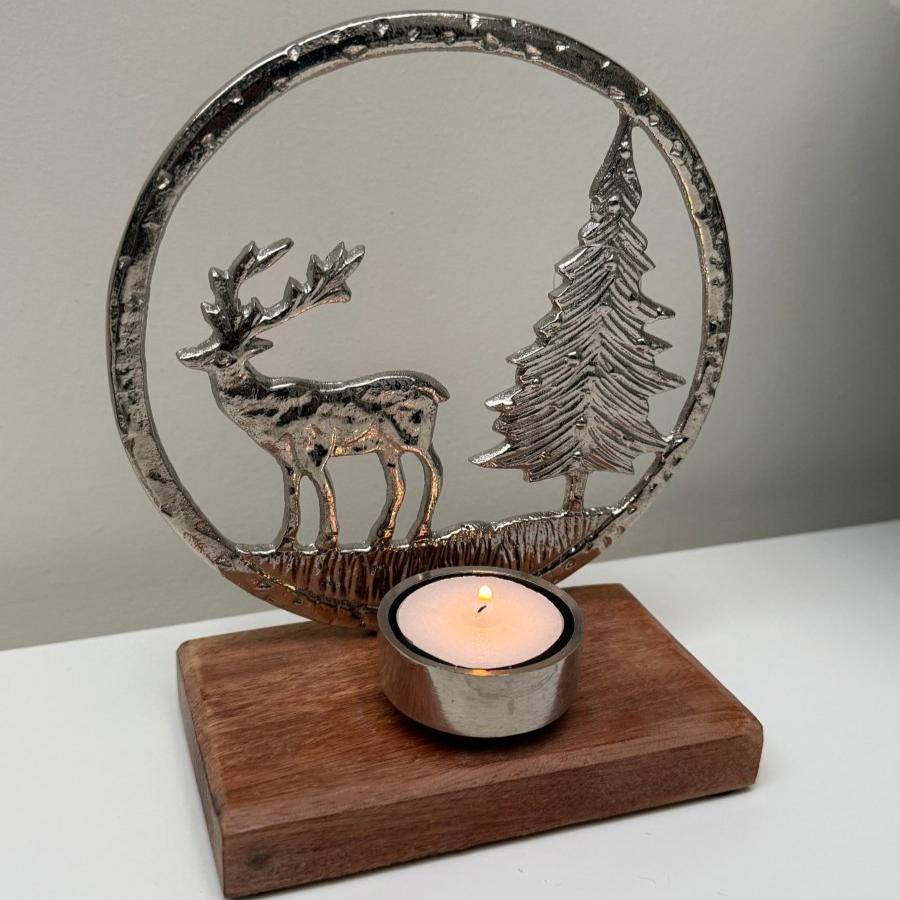 Silver Reindeer Scene Tealight Holder - Designs by Inaya