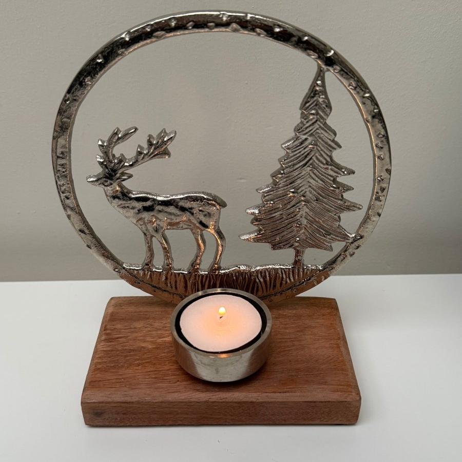 Silver Reindeer Scene Tealight Holder - Designs by Inaya