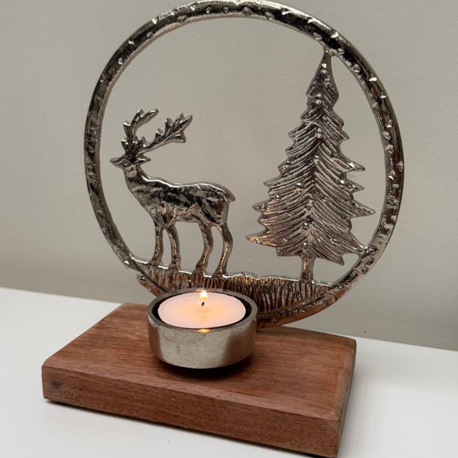 Silver Reindeer Scene Tealight Holder - Designs by Inaya