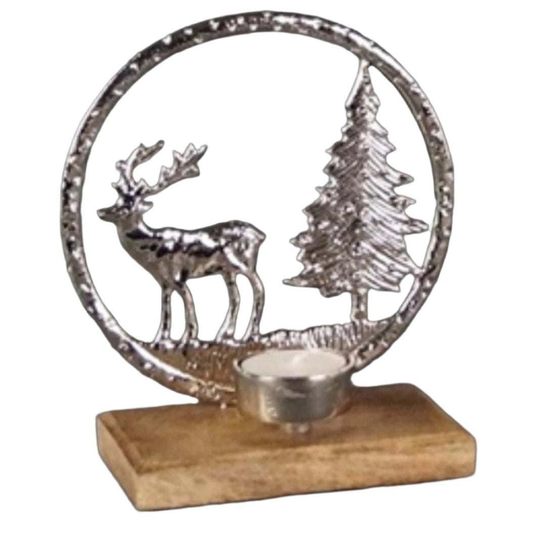 Silver Reindeer Scene Tealight Holder - Designs by Inaya