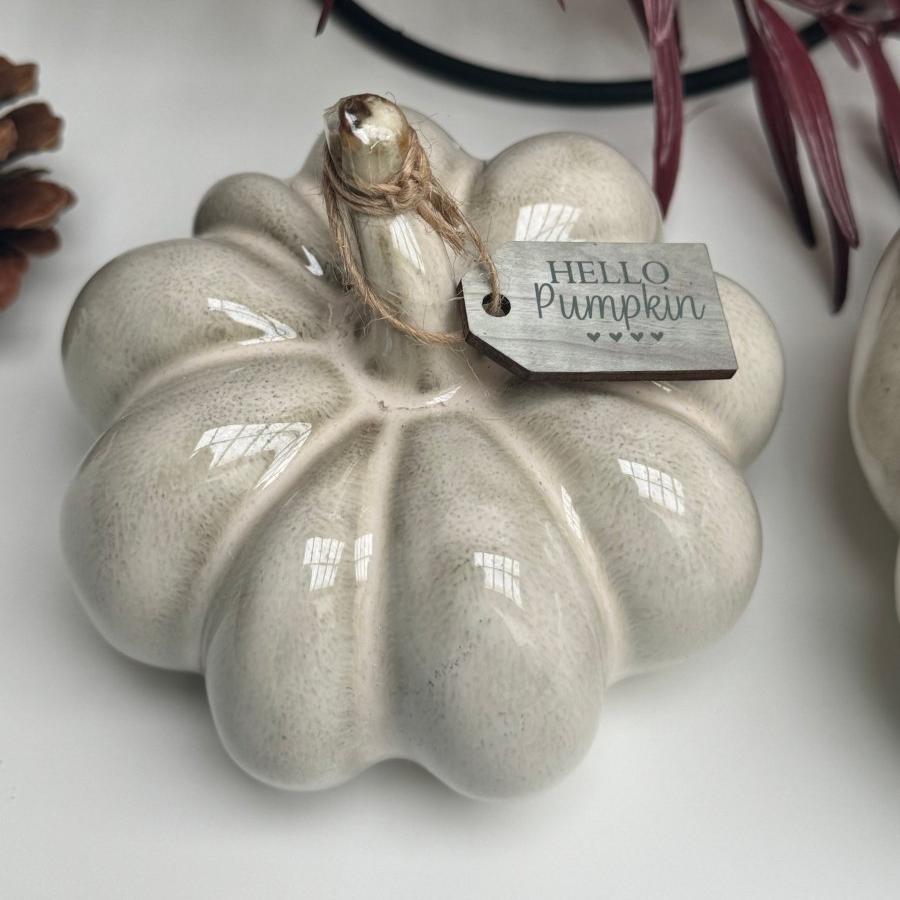 Small Ceramic Pumpkin Ornament with Beautiful Reactive Glaze, With Wooden Tag - Designs by Inaya