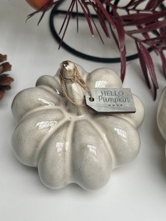 Small Ceramic Pumpkin Ornament with Beautiful Reactive Glaze, With Wooden Tag - Designs by Inaya