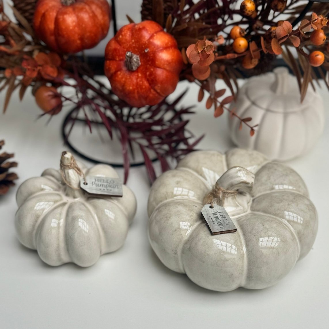 Small Ceramic Pumpkin Ornament with Beautiful Reactive Glaze, With Wooden Tag - Designs by Inaya