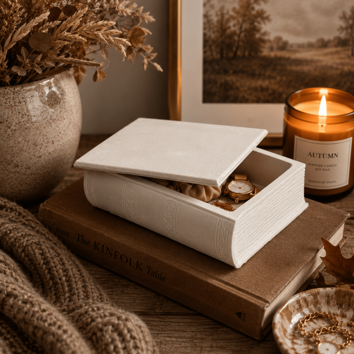 A white book-shaped stone jewellery box with a matching lid sits open on top of a brown hardcover book, styled in a cosy autumn scene with a lit candle, dried flowers, a knit blanket, and small jewellery pieces.
