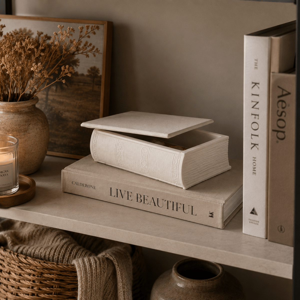 A styled shelf scene with a cream-colored decorative book-shaped jewelry box with its lid resting on top of a hardcover book. The shelf also contains a lit candle in a glass jar, a framed landscape print with dried flowers in a ceramic pot, and other neutral-toned home decor items.