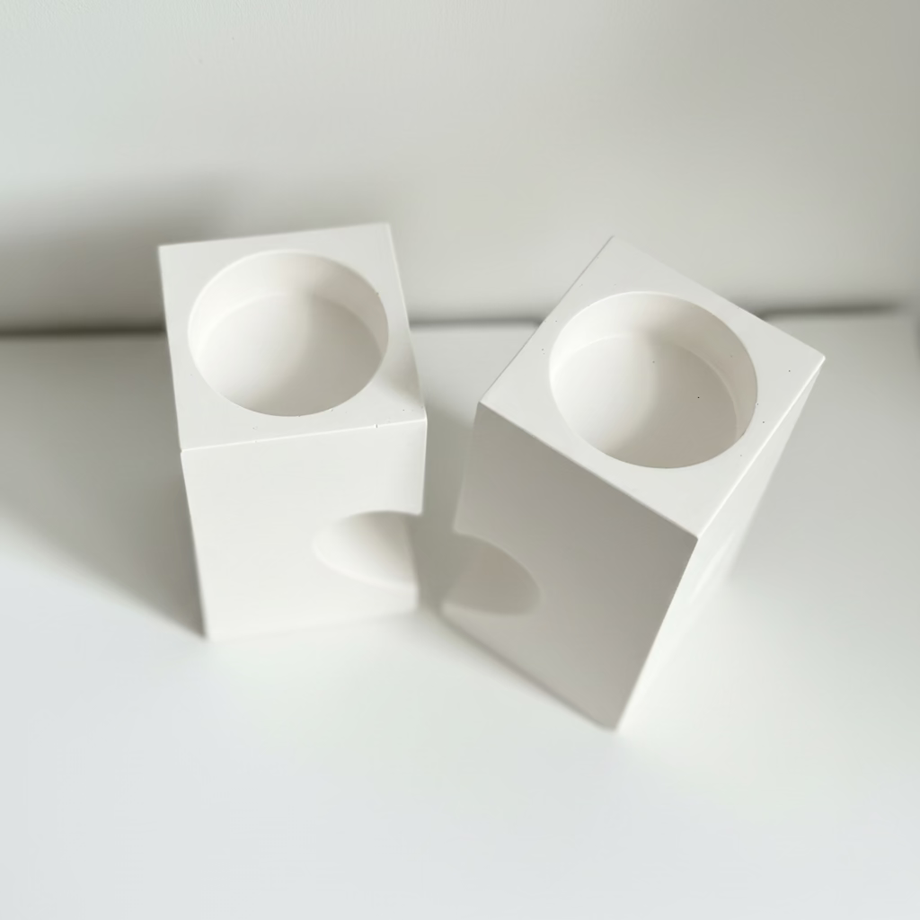 Two minimalist white geometric candle holders with circular cutouts, displayed on a clean white surface against a neutral light gray background.