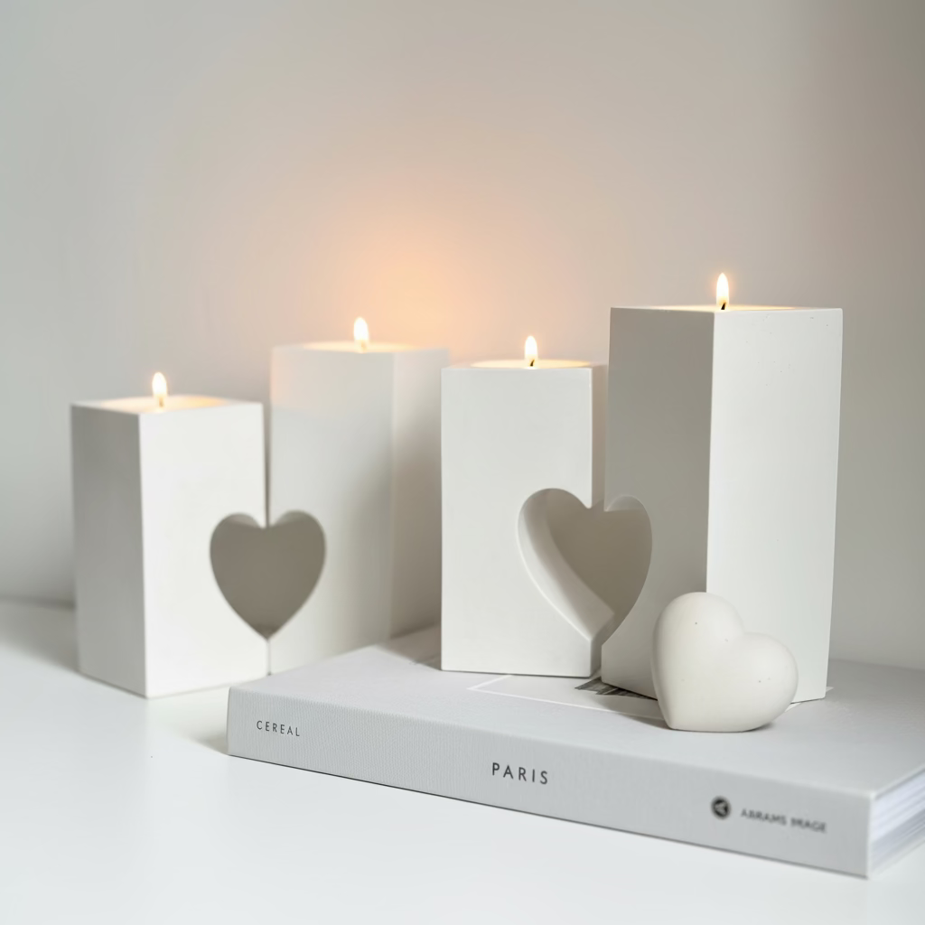 Four white rectangular pillar-style candle holders with heart-shaped cutouts, arranged on a white surface with candles lit and a small white heart-shaped object beside them. A book labeled PARIS sits underneath.