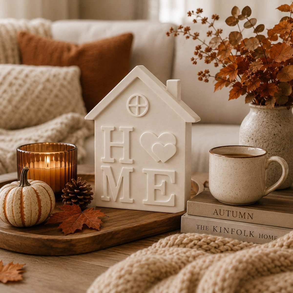 A decorative white stone house-shaped Sculpture with the word 'HOME' and a heart motif, styled on a wooden tray in a cozy living room setting with a candle, mug, books, and autumn decor.