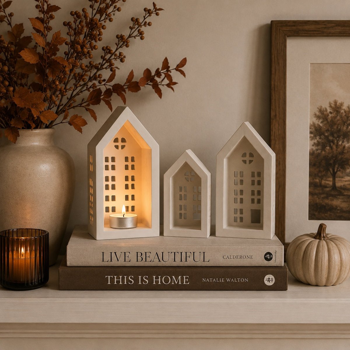 Three Jesmonite house-shaped candle holders with warm glowing candles inside, styled on stacked books on a shelf alongside a vase with dried leaves, a lit amber candle, and a small pumpkin.