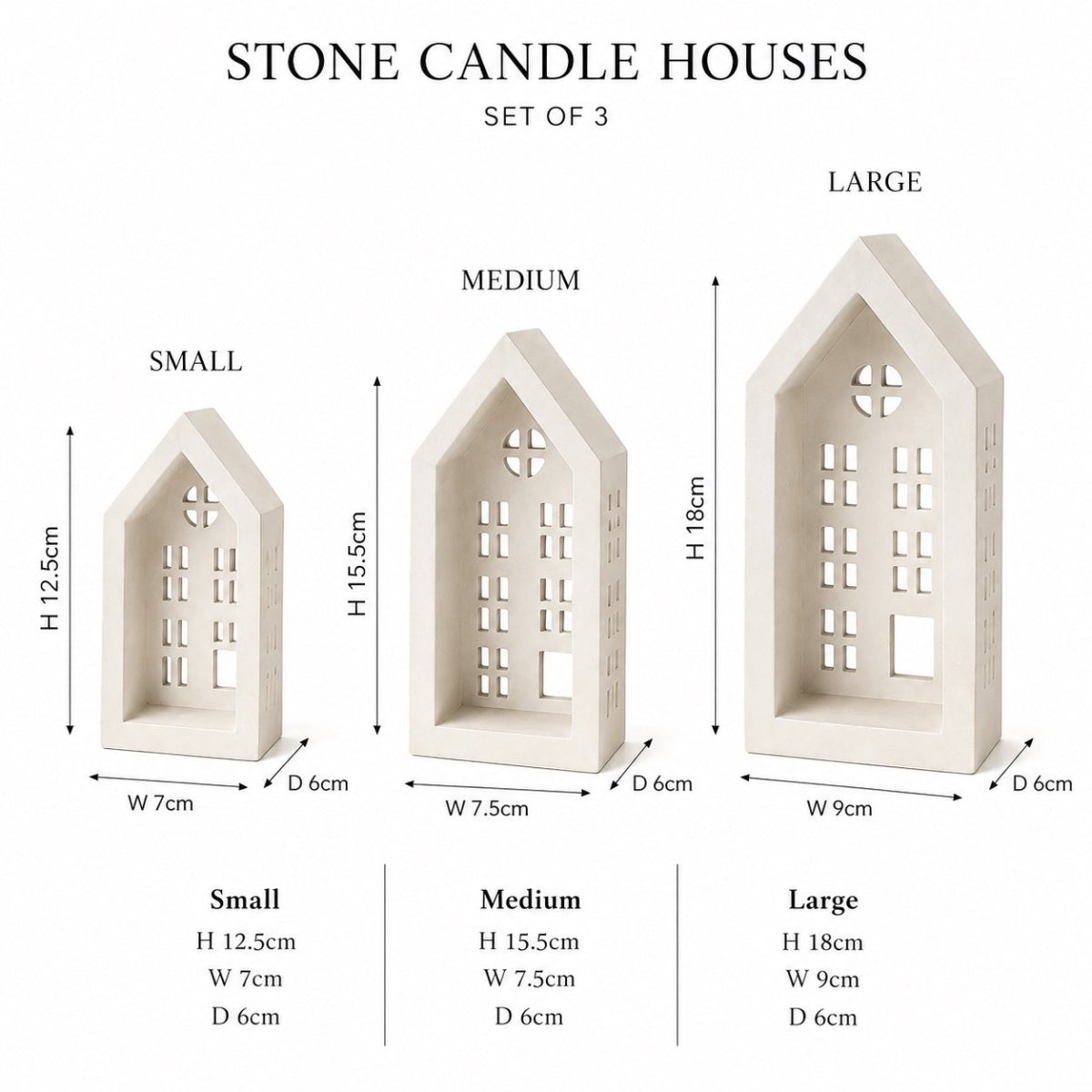 A product information graphic for a set of three stone candle houses in small, medium, and large sizes, showing dimensions (height, width, depth) with labels and measurements on a white background.