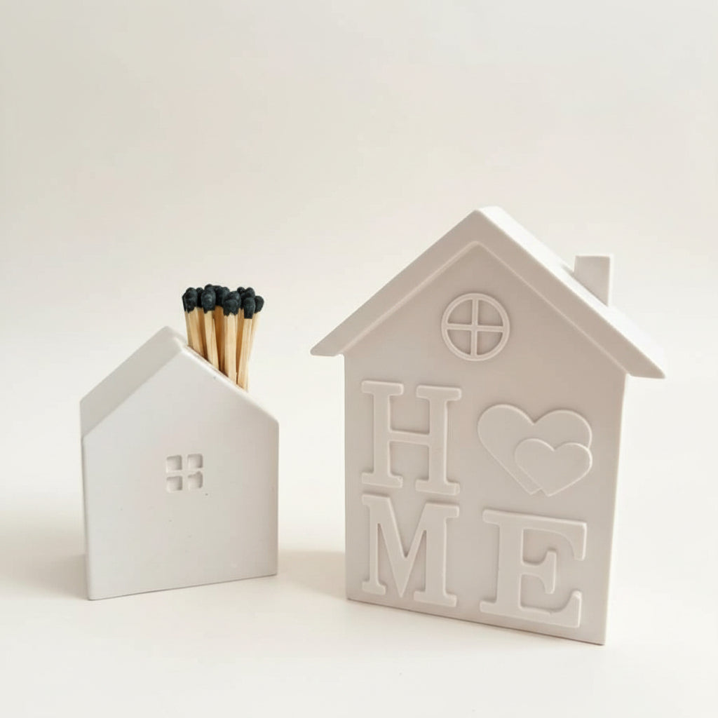 House-shaped stone match holder set on a plain light background. the matchstick holder is open and contains wooden matches with black tips, and the other is a stone house sculpture with the word HOME embossed on the front. 