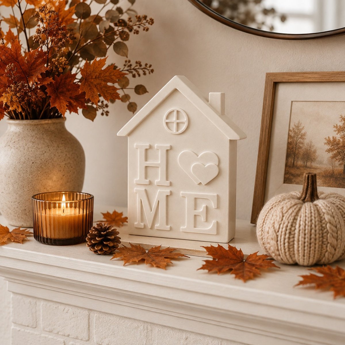 A white house-shaped decorative stone sculpture with the word 'HOME' in raised letters sits on a mantel, surrounded by autumn decor including Autumn leaves, a candle, a knitted pumpkin, and dried flowers. Autumn Home Styling