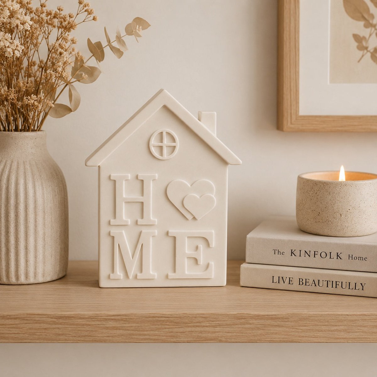 A white handcrafted stone house-shaped decorative piece with the word 'HOME' and a heart cutout, displayed on a wooden shelf next to a vase with dried flowers and a candle on books. Neutral home decor.