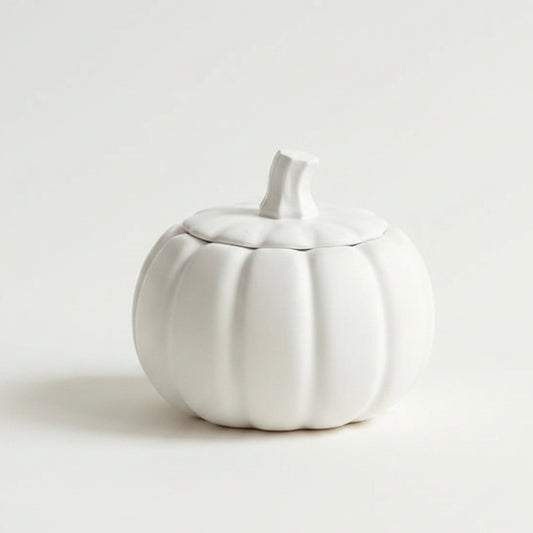 A white handmade stone pumpkin-shaped lidded container with a ribbed texture and a small stem on top, photographed on a clean white background.