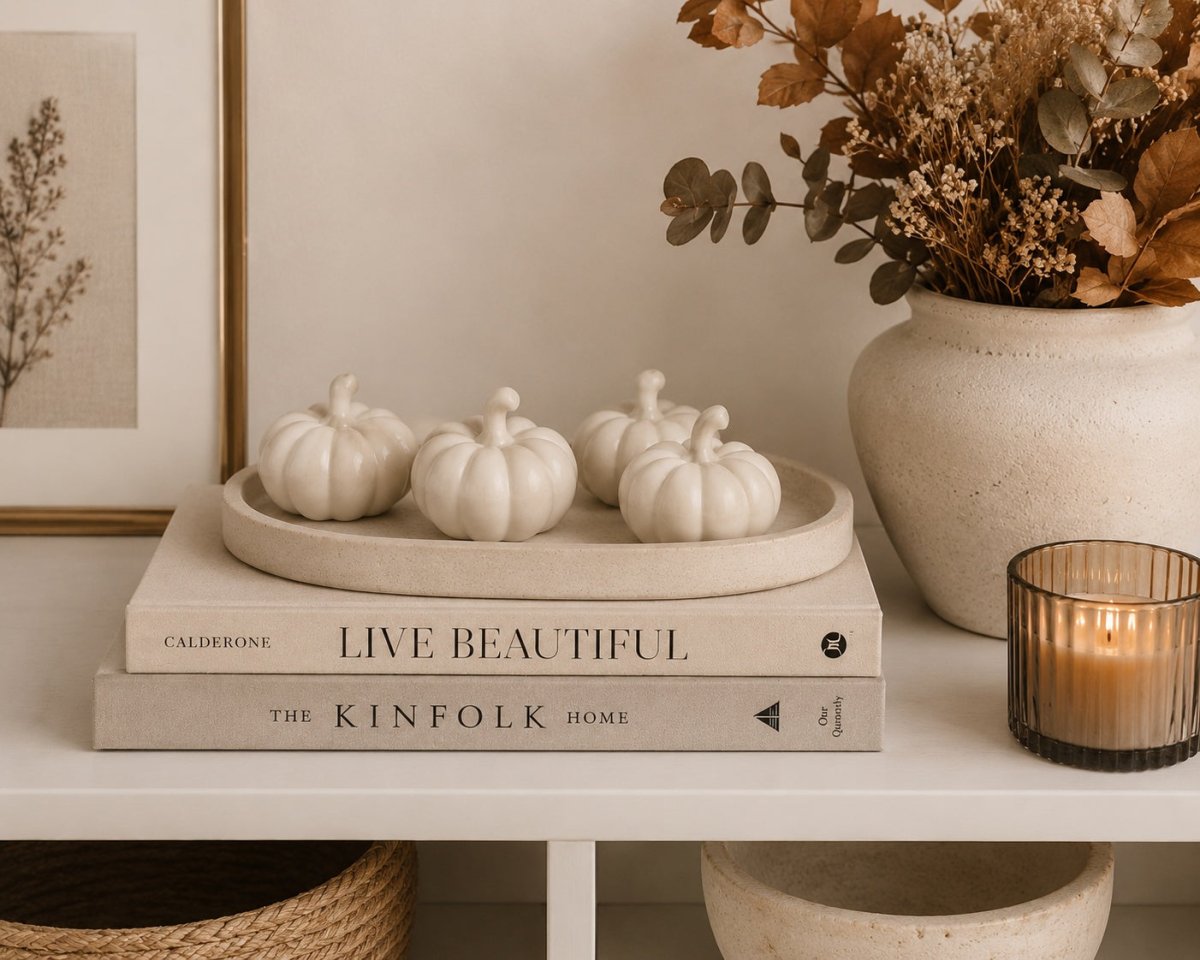 Three small cream Jesmonite pumpkins arranged on a round matching tray, placed on top of two books on a shelf. The books read 'LIVE BEAUTIFUL' and 'THE KINFOLK HOME'.