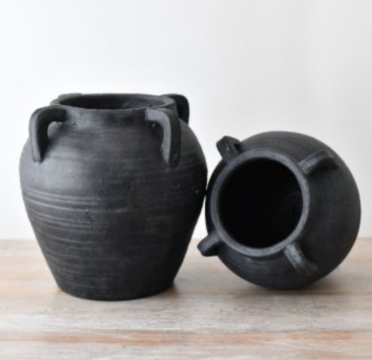 Black Terracotta Medora Vases one upright and one on its side