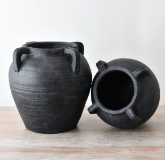 Black Terracotta Medora Vases one upright and one on its side