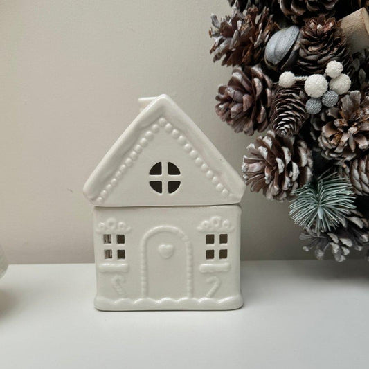 White Gingerbread House Wax Burner Christmas Decor Ceramic Ornaments Decoration - Designs by Inaya