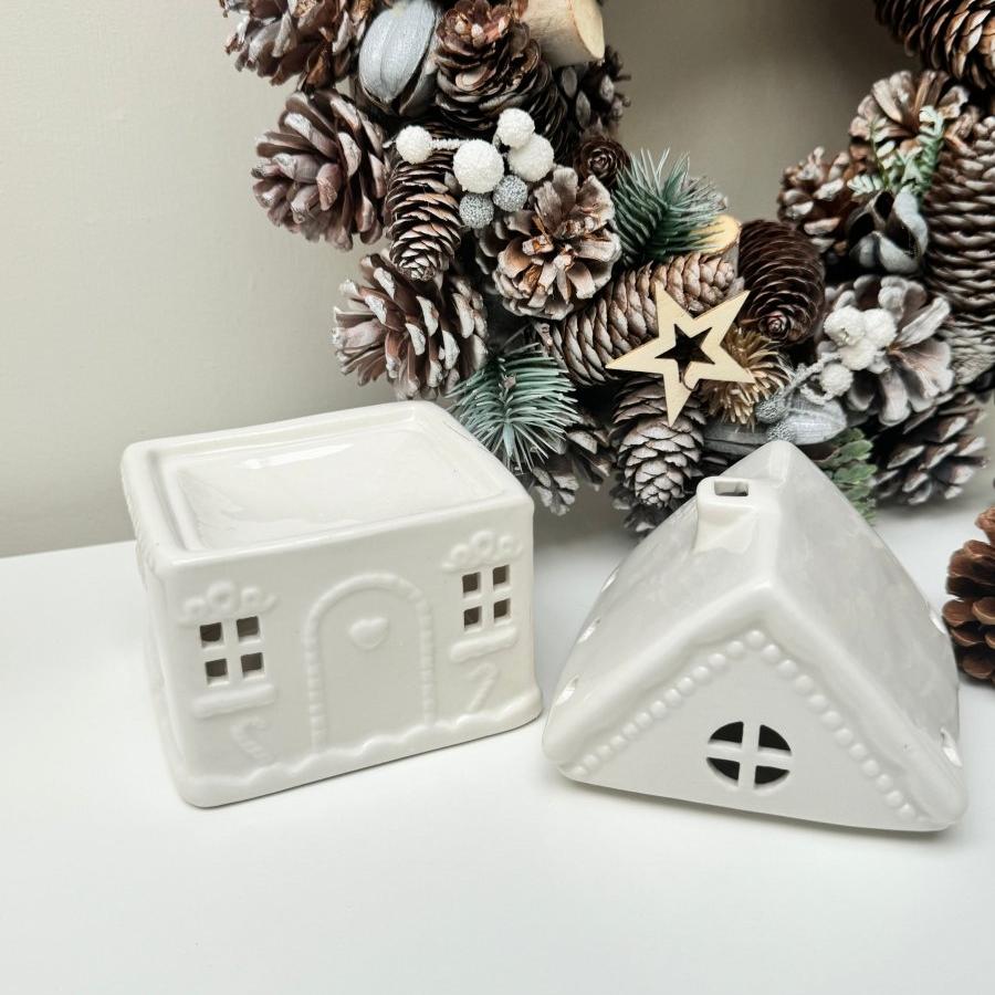 White Gingerbread House Wax Burner Christmas Decor Ceramic Ornaments Decoration - Designs by Inaya