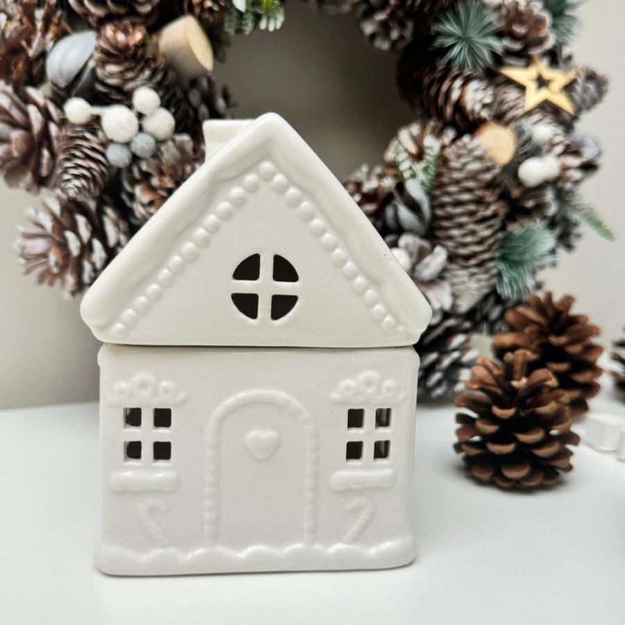 White Gingerbread House Wax Burner Christmas Decor Ceramic Ornaments Decoration - Designs by Inaya