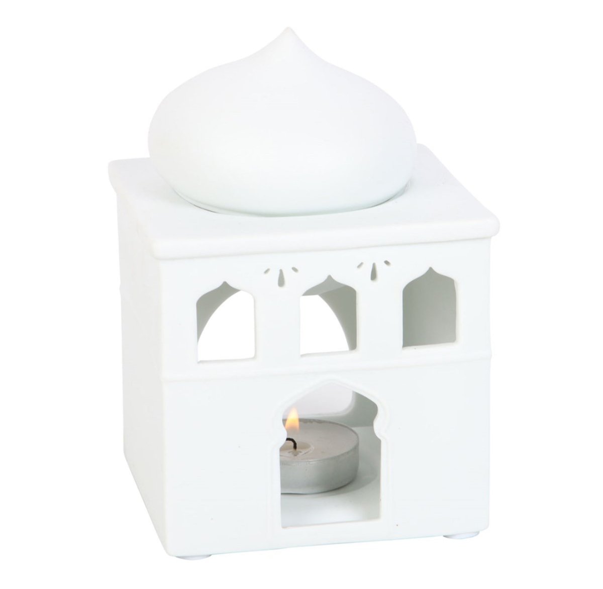 White decorative lantern with a lit tealight inside on a white background