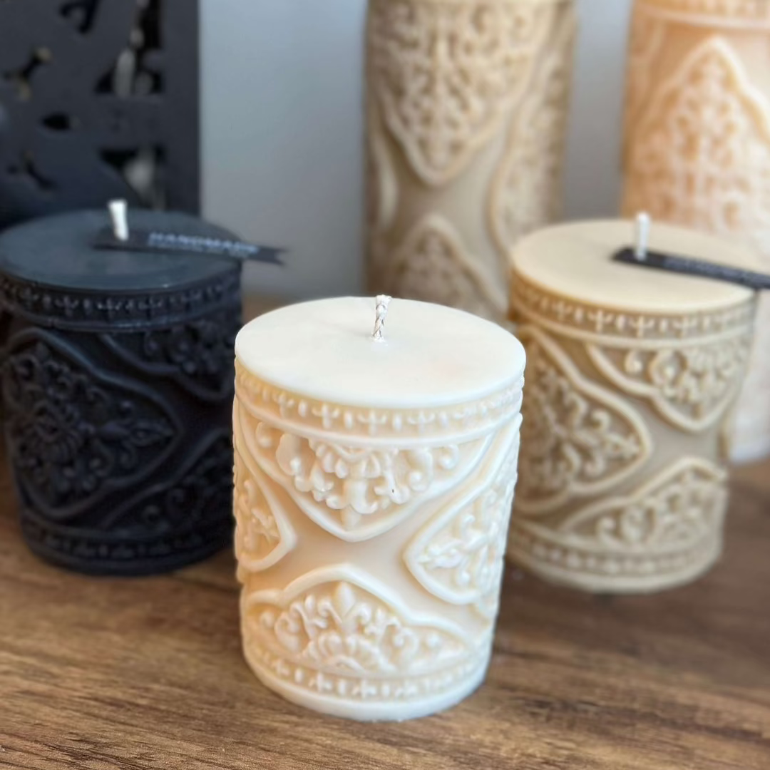 Noor Luxury Pillar Candle - ivory - beige - black - Designs by Inaya